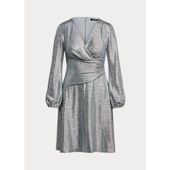 Lauren Ralph Metallic Long Sleeve Dress Size 12 Grey Rt $195 Cocktail Formal - Picture 2 of 4
